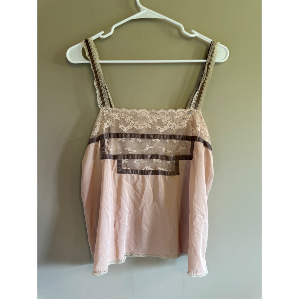 Vintage Formfit Rogers Pink Lace Camisole Tank Top Brown Ribbon Size 38 16-18